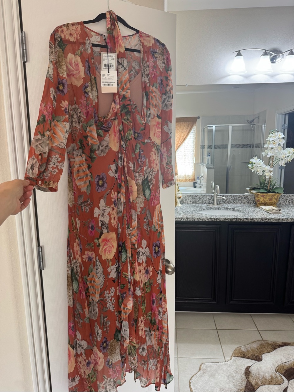 MARELLA Rust Floral Maxi Dress with Tie Neck